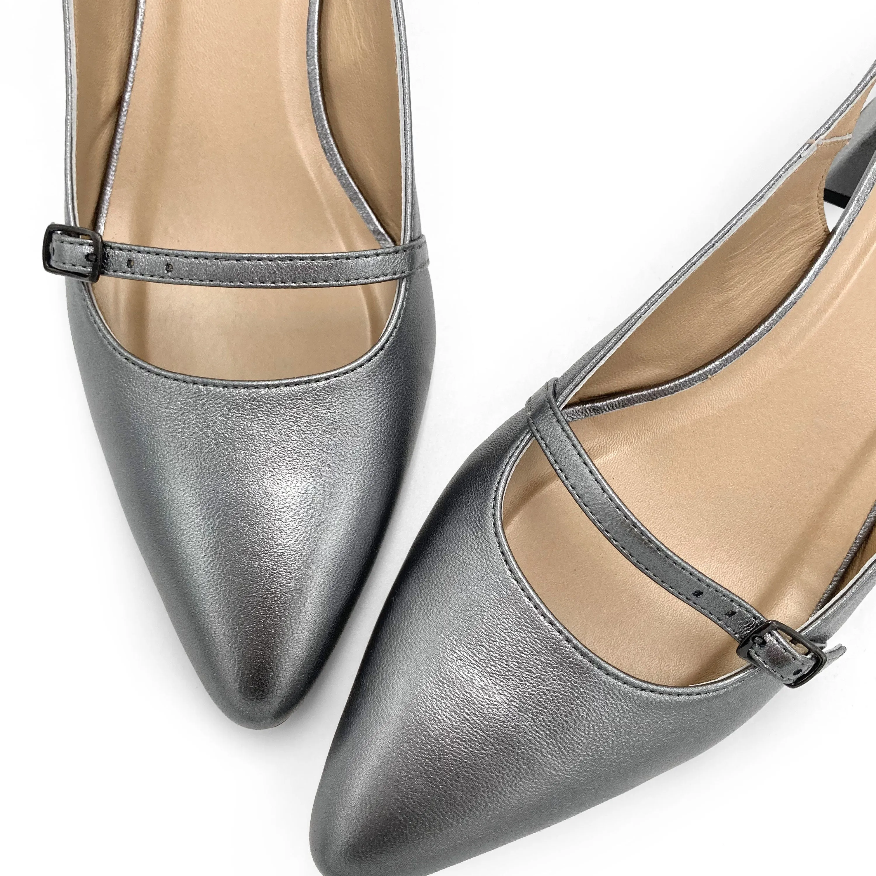 Silver Leather Mary Jane Slingback Ballet Flats with Heel