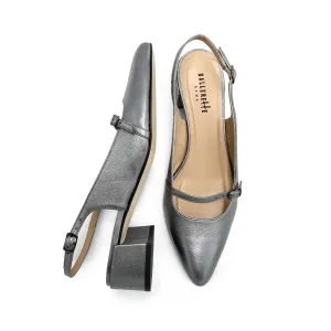 Silver Leather Mary Jane Slingback Ballet Flats with Heel