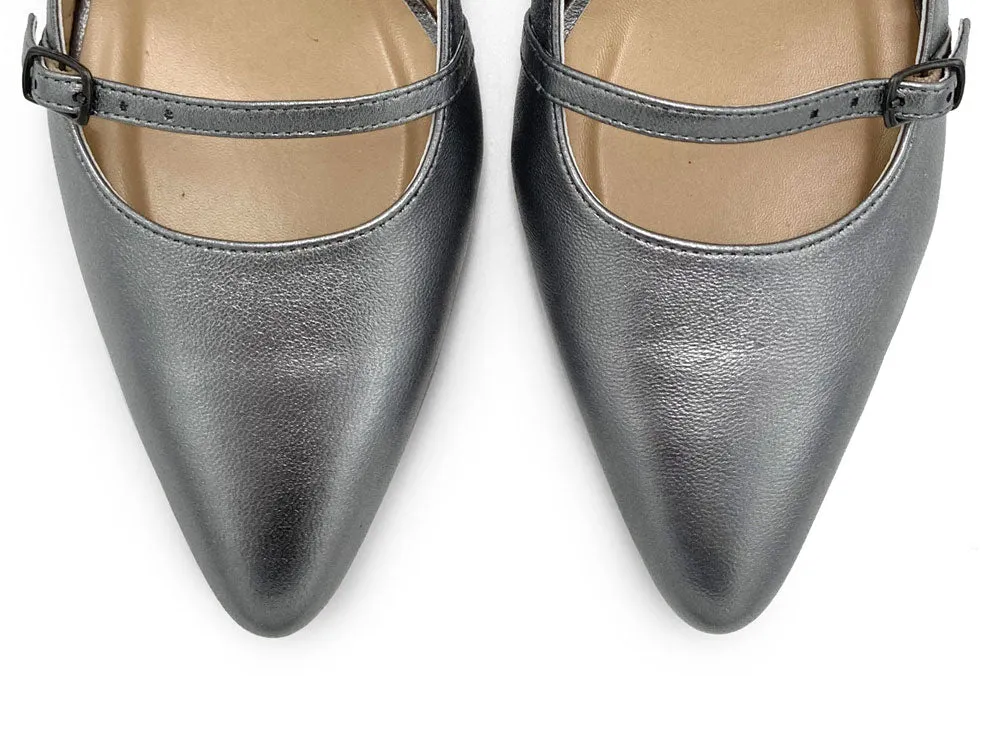 Silver Leather Mary Jane Slingback Ballet Flats with Heel