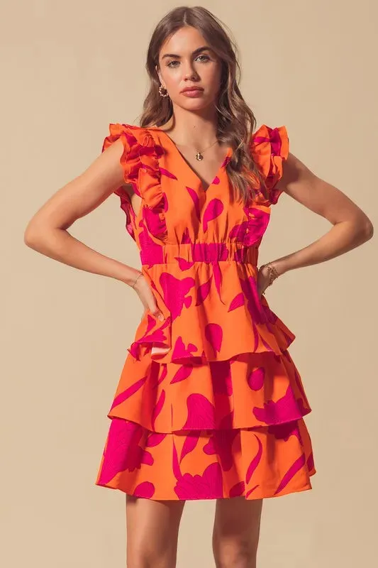 SO ME Floral V Neck Layered Dress with Elasticized Waist