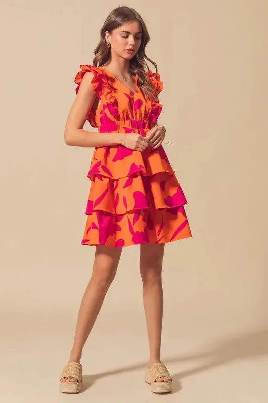SO ME Floral V Neck Layered Dress with Elasticized Waist