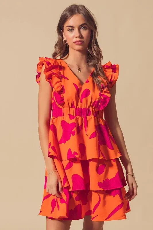 SO ME Floral V Neck Layered Dress with Elasticized Waist