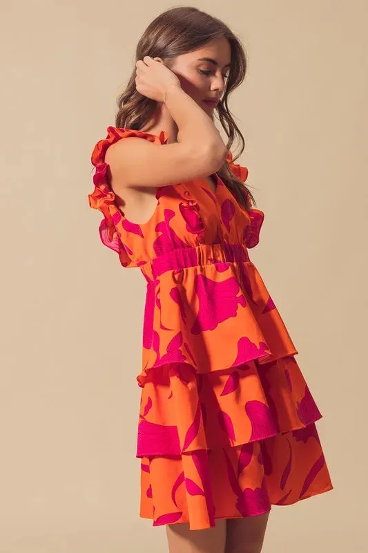 SO ME Floral V Neck Layered Dress with Elasticized Waist