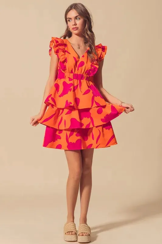 SO ME Floral V Neck Layered Dress with Elasticized Waist