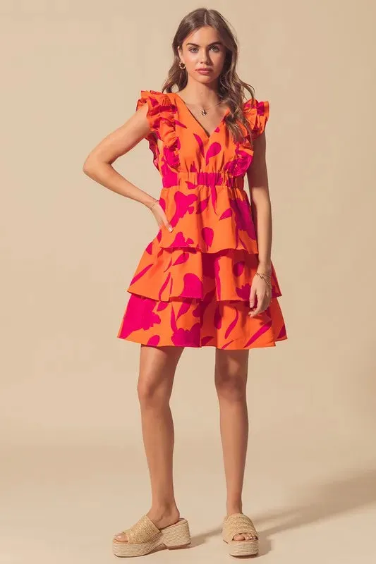 SO ME Floral V Neck Layered Dress with Elasticized Waist