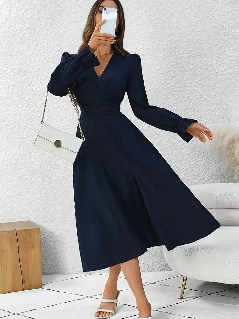 Sophisticated V-Neck A-Line Dress with Flattering Side Slit