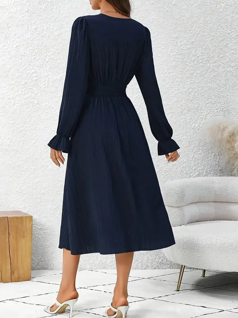 Sophisticated V-Neck A-Line Dress with Flattering Side Slit