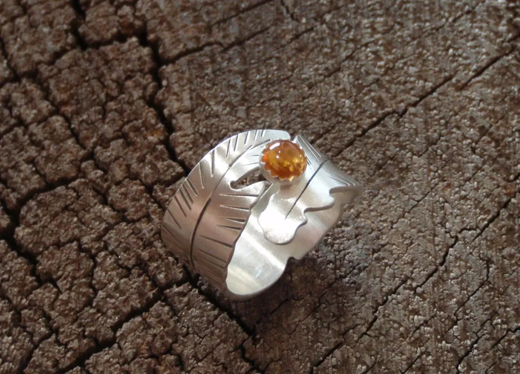 Sterling silver feather ring with citrine stone