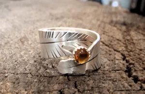 Sterling silver feather ring with citrine stone