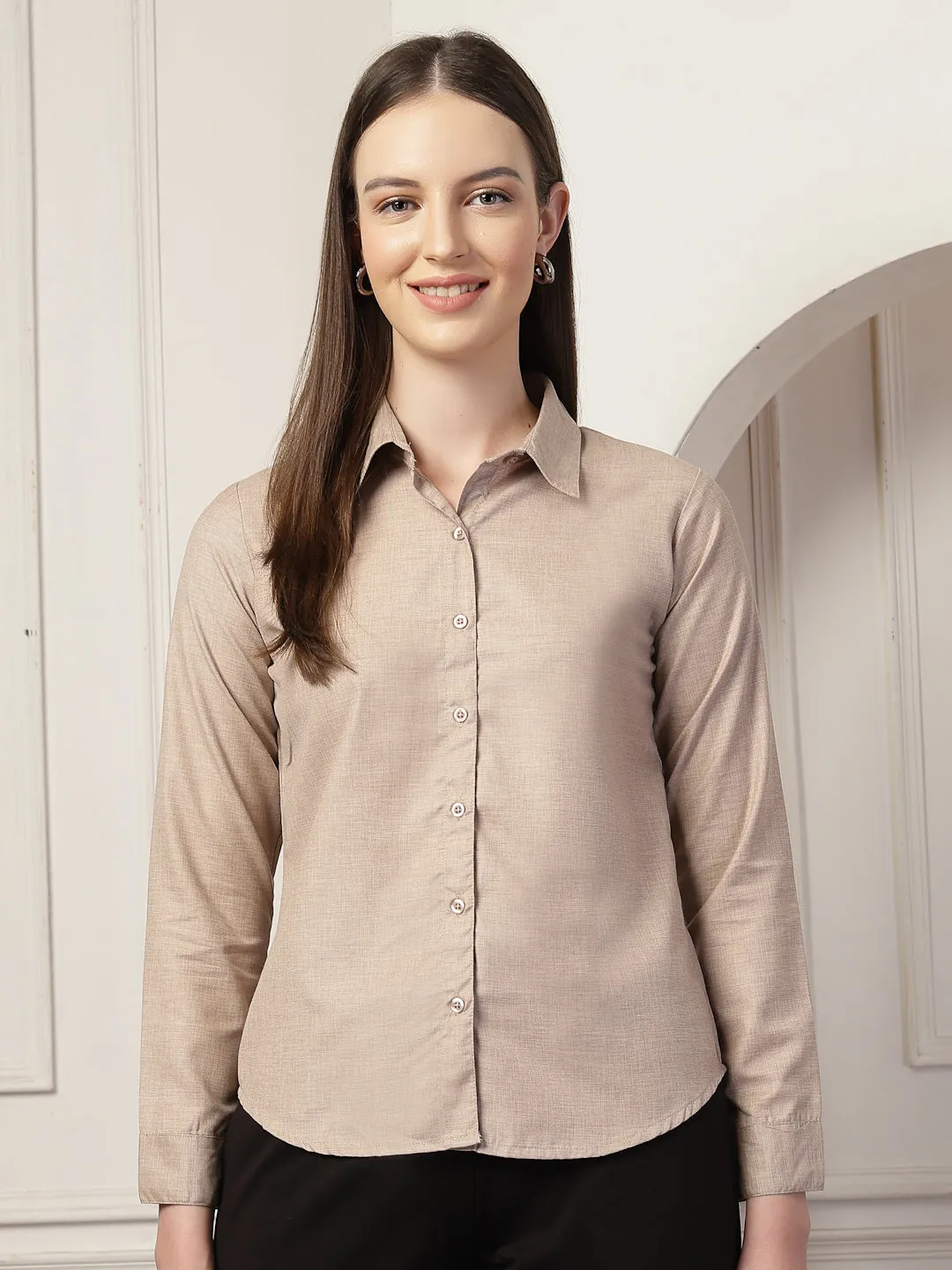 Style Quotient Women Brown Self Design Polyviscose Regular Fit Formal Shirt