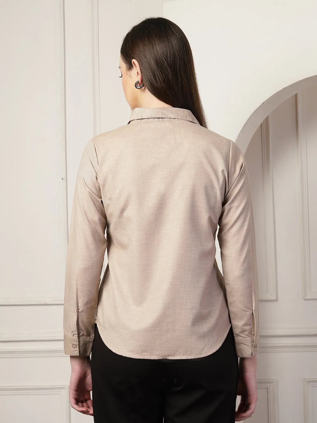 Style Quotient Women Brown Self Design Polyviscose Regular Fit Formal Shirt