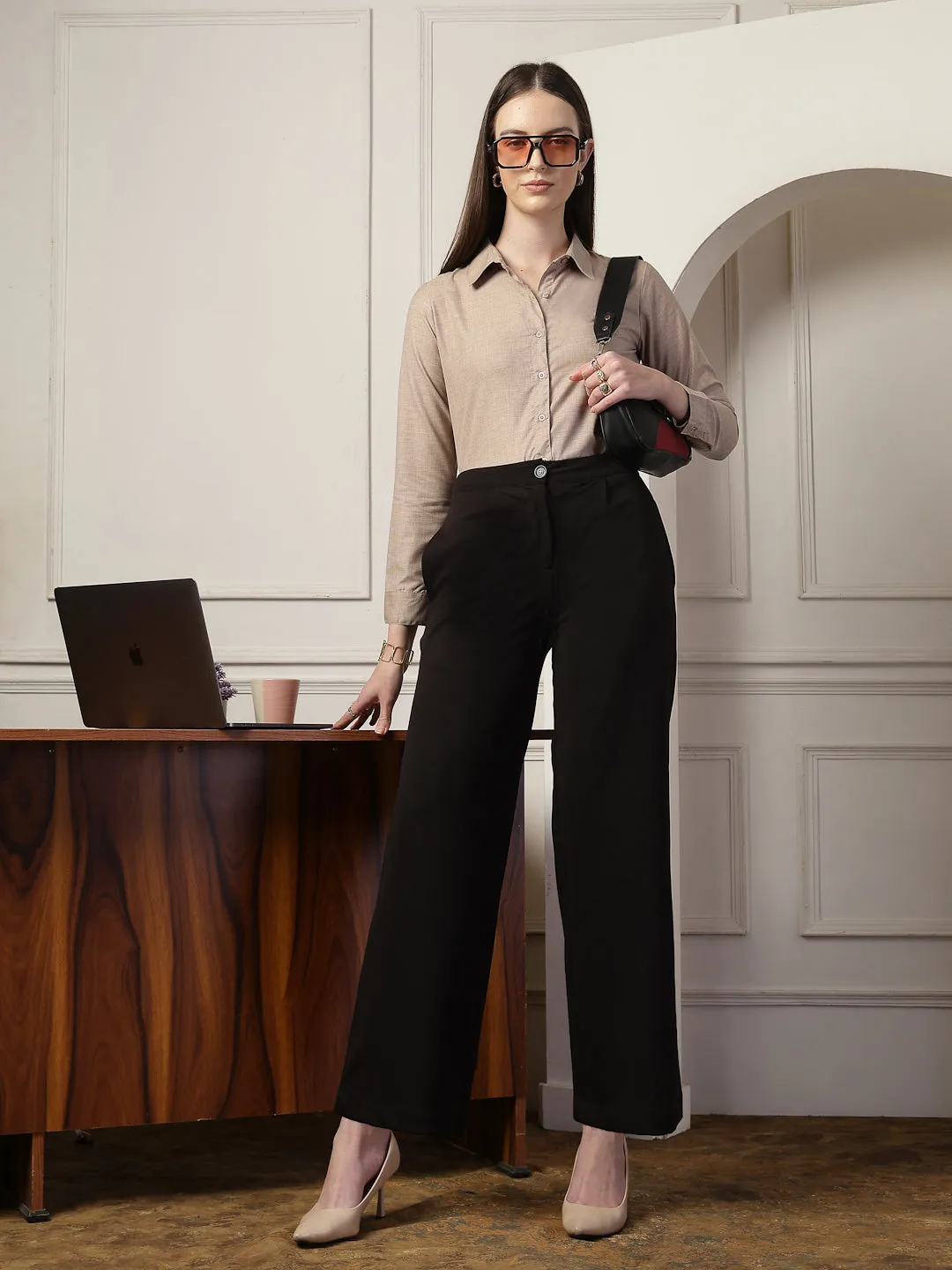 Style Quotient Women Brown Self Design Polyviscose Regular Fit Formal Shirt