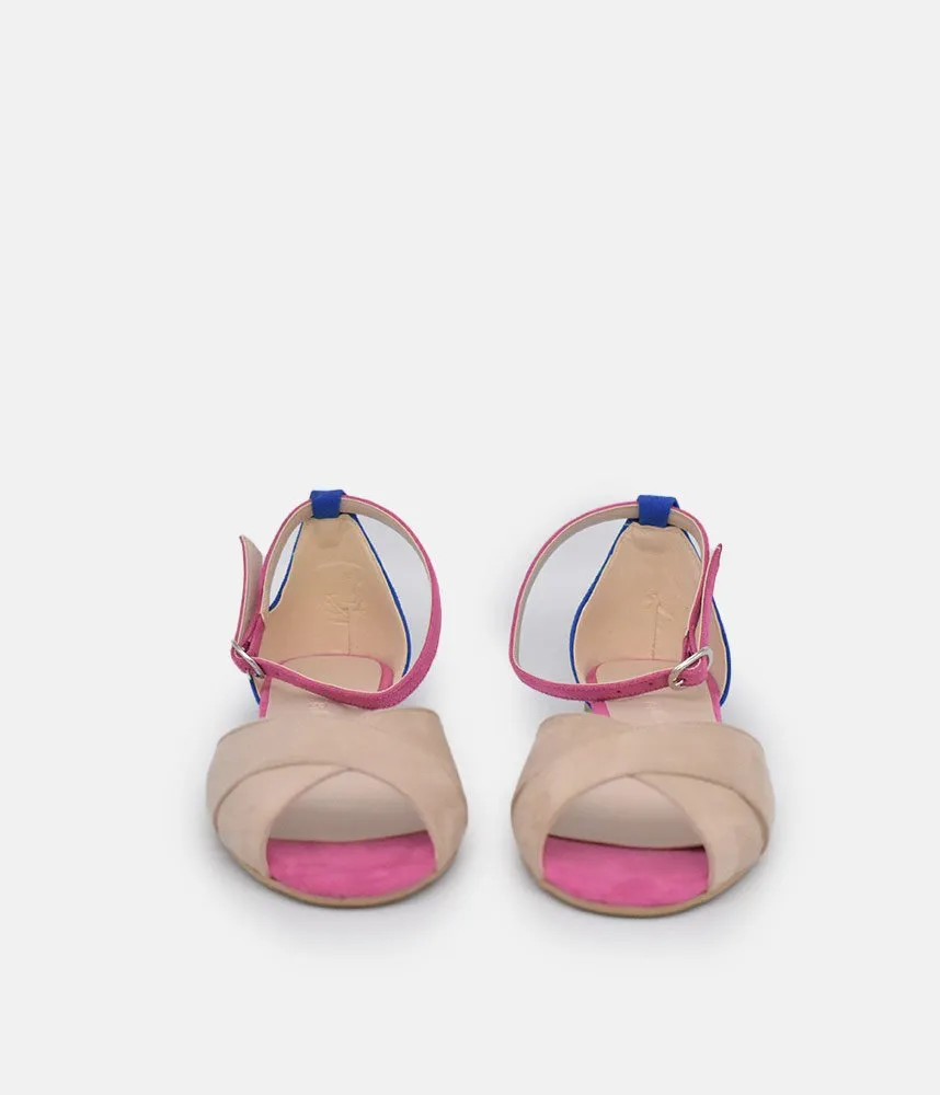 Stylish Beige/Blue/Fuscia Ankle Strap Peep Toe Flats