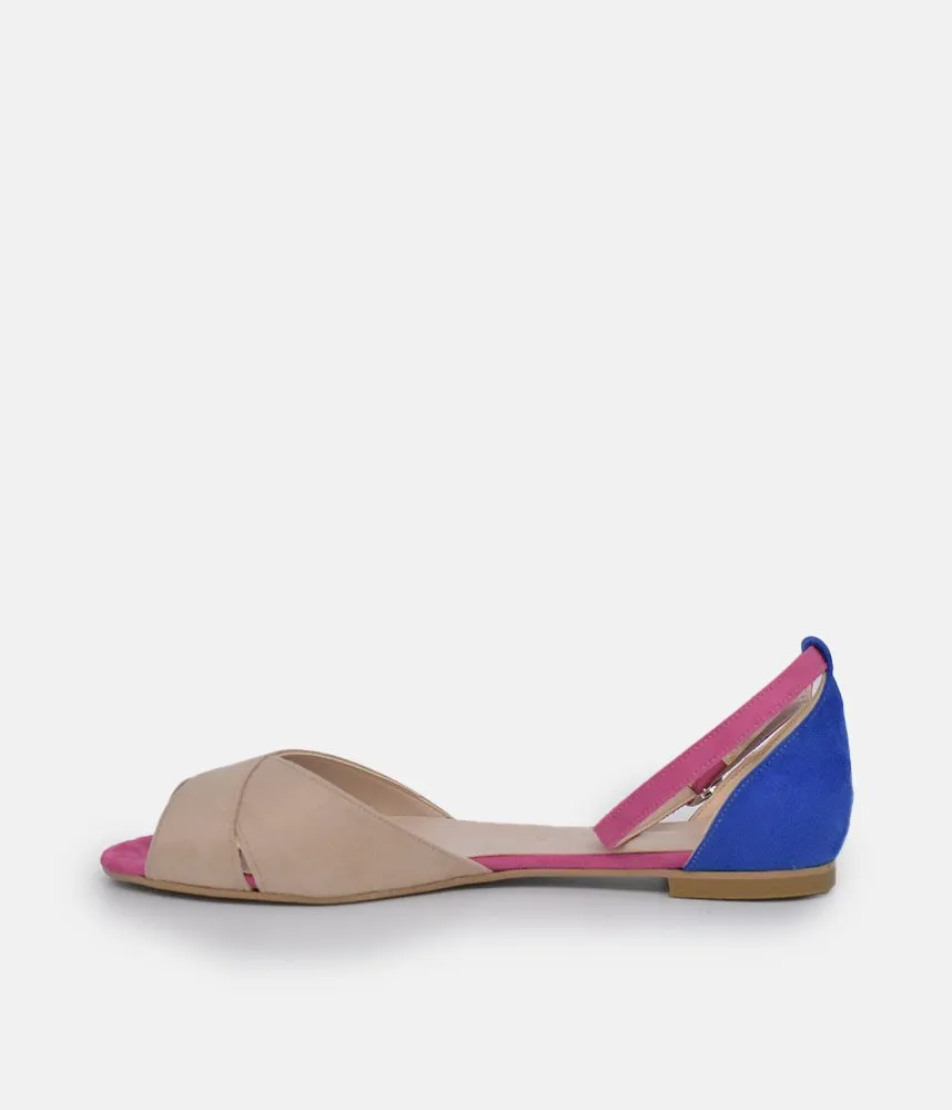 Stylish Beige/Blue/Fuscia Ankle Strap Peep Toe Flats