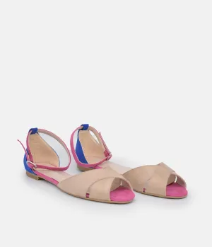 Stylish Beige/Blue/Fuscia Ankle Strap Peep Toe Flats