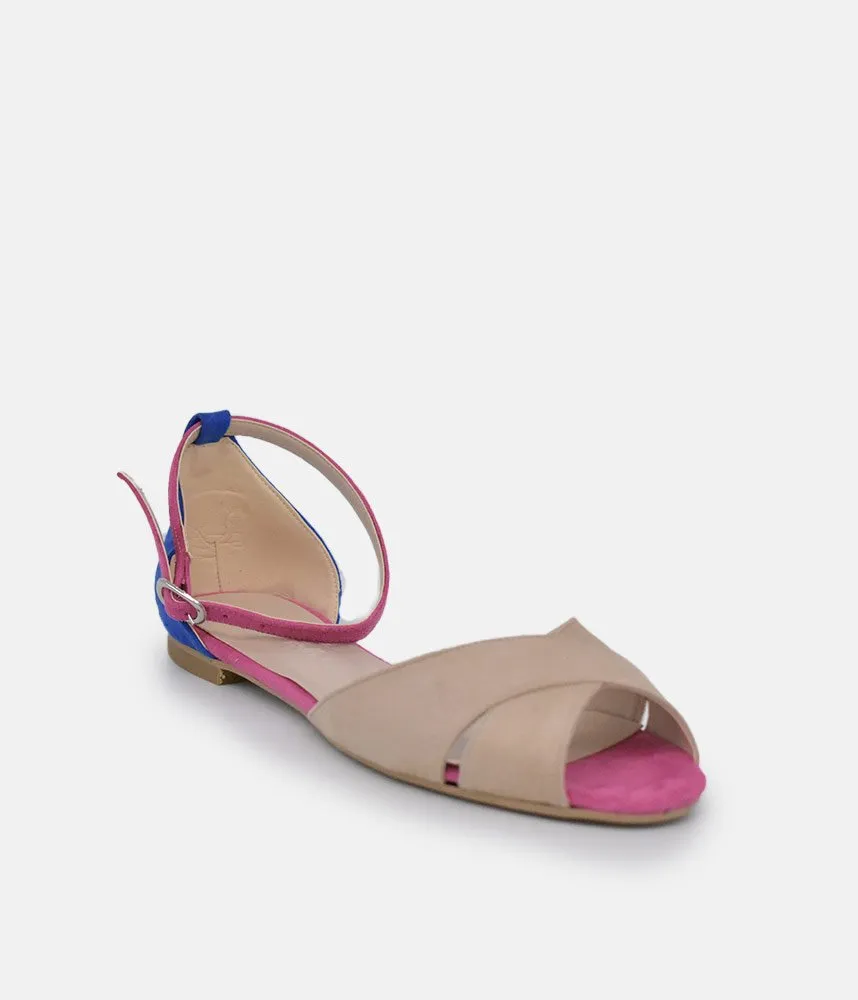 Stylish Beige/Blue/Fuscia Ankle Strap Peep Toe Flats