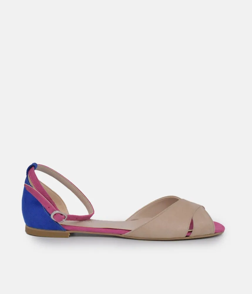 Stylish Beige/Blue/Fuscia Ankle Strap Peep Toe Flats