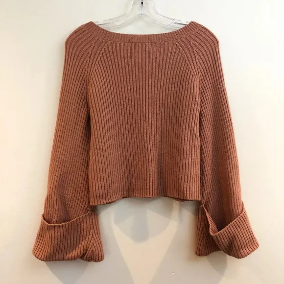 Tularosa Tan Wide Sleeve Scoop Neck Ribbed Preppy Trendy Sweater Small