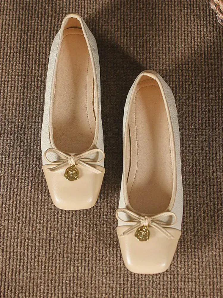 Woman Bowknot Square Toe Lolita Kawaii Lady Barefoot Boat Flats Metal Elegant Ballerina Party Mary Jane Shoes