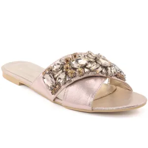Women "ANTHEA" Open Toe Stone Embellished Cross Over Slip On Flat Evening Slippers