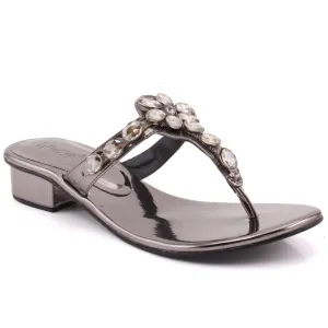Women “TACITA” Diamond Encrusted T-Strap Low Block Heel Slip On Slippers