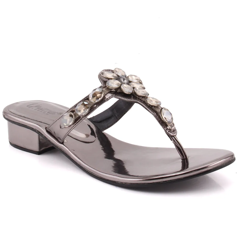 Women “TACITA” Diamond Encrusted T-Strap Low Block Heel Slip On Slippers