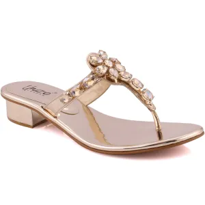 Women “TACITA” Diamond Encrusted T-Strap Low Block Heel Slip On Slippers